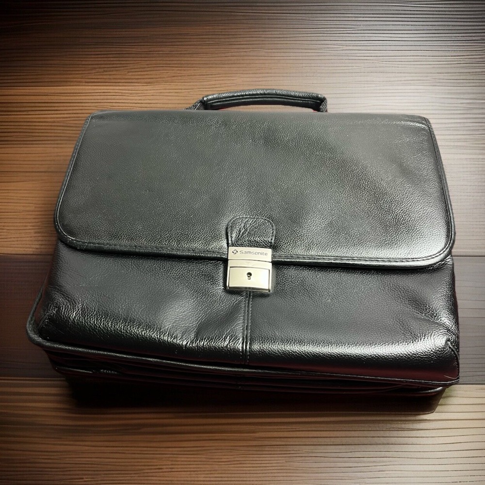 Samsonite Black Leather Expandable Briefcase Attache Case Locking Business Bag
